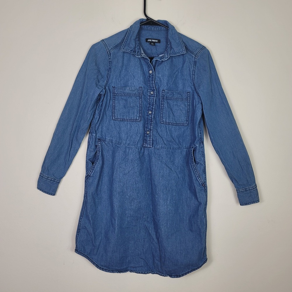 Joe Fresh Denim Shirt Dress Womens S 100% Cotton Mini Utility Minimalist Pockets